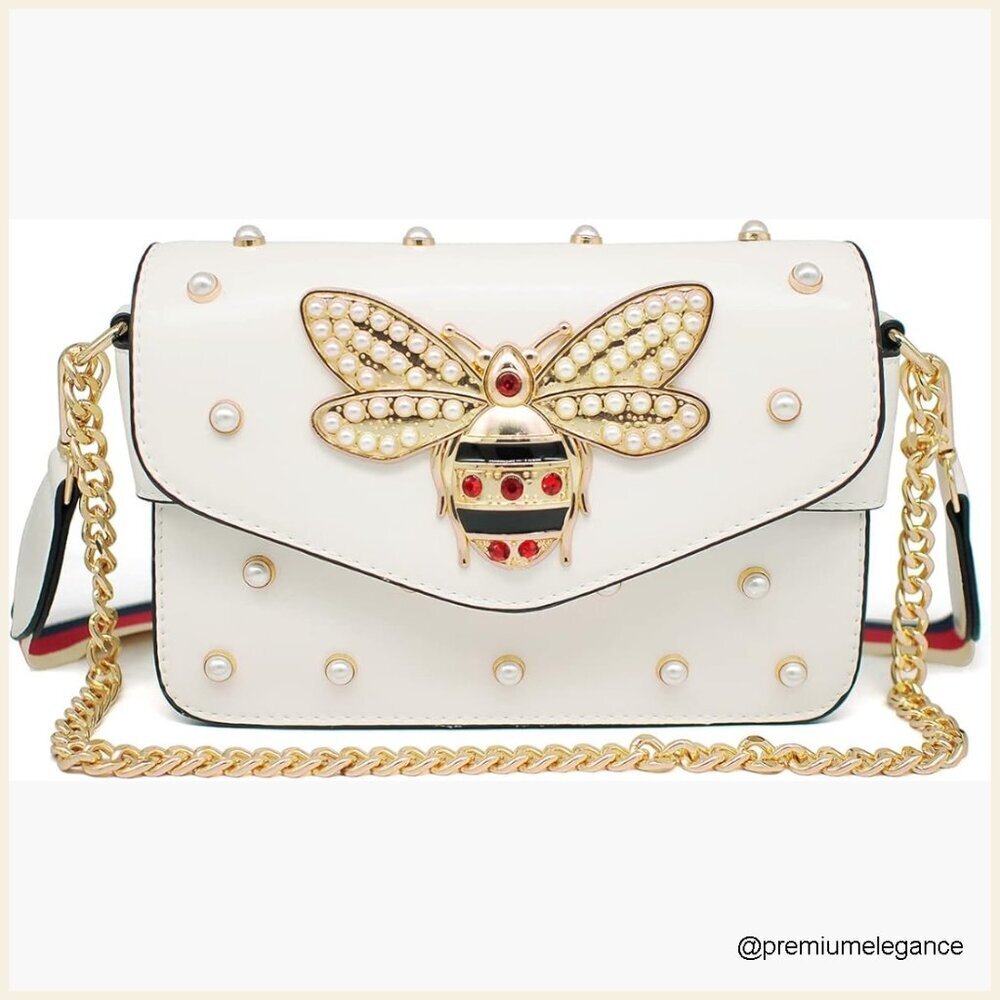 PU Leather Crossbody Shoulder Bag with Bee Pearl Detachable Straps Clutch